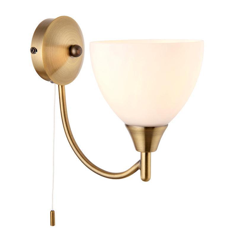 Art Deco Wall Light - Alton Single Arm Antique Brass Finish Wall Light 1805-1AN close up turned on
