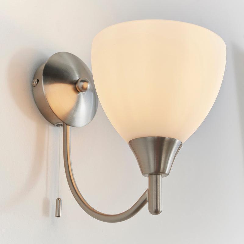 Art Deco Wall Light - Alton Single Arm Satin Nickel Finish Wall Light 1805-1SC turned on left