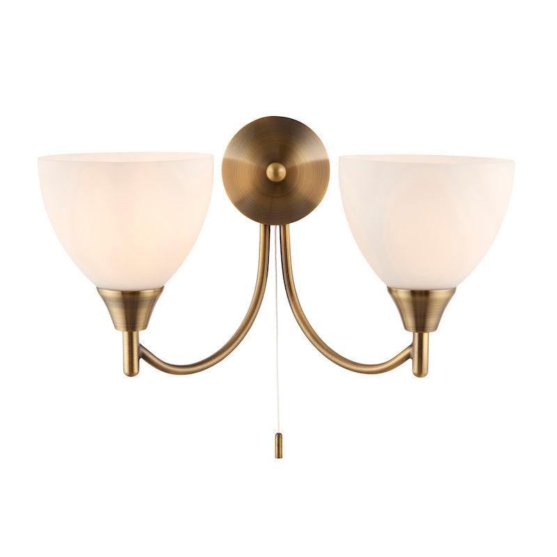 Art Deco Wall Light - Alton Twin Arm Antique Brass Finish Wall Light 1805-2AN turned on