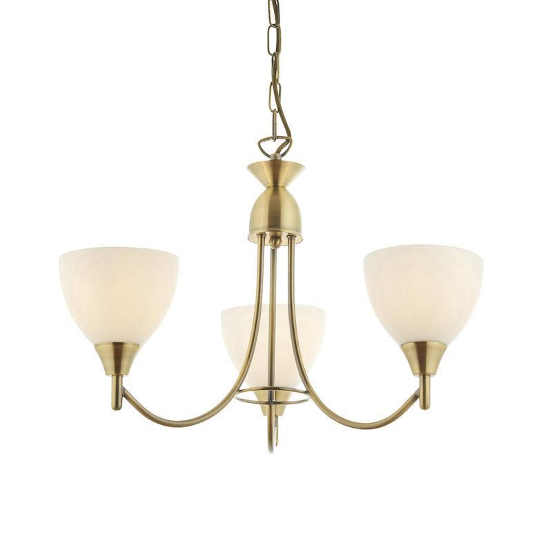 Endon Alton 3 Arm Antique Brass Pendant Ceiling Light-Ceiling Pendant Lights-Endon Lighting Living room light close up 3Tiffany Lighting Direct