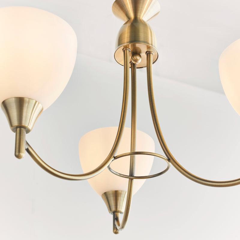 Art Deco Ceiling Light - Alton 3 Arm Antique Brass Finish Pendant Ceiling Light 1805-3AN under angle