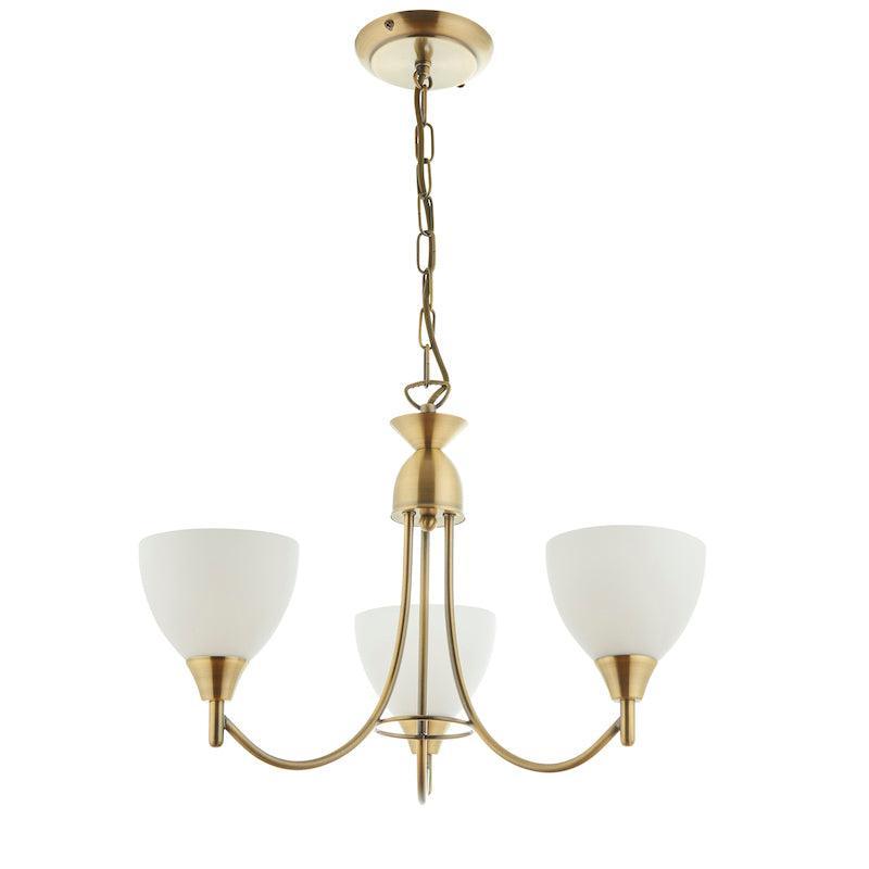 Endon Alton 3 Arm Antique Brass Pendant Ceiling Light-Ceiling Pendant Lights-Endon Lighting Living room light close up 2 Tiffany Lighting Direct
