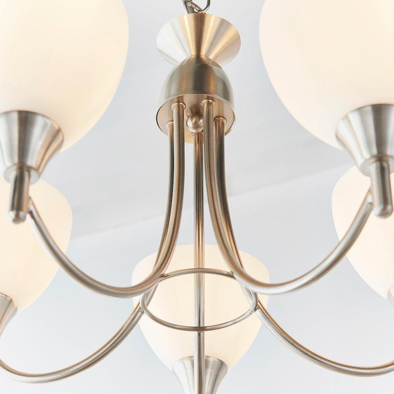 Art Deco Flush & Semi Flush - Alton 5 Arm Satin Nickel Finish Semi Flush Ceiling Light 1805-5SC close up centre