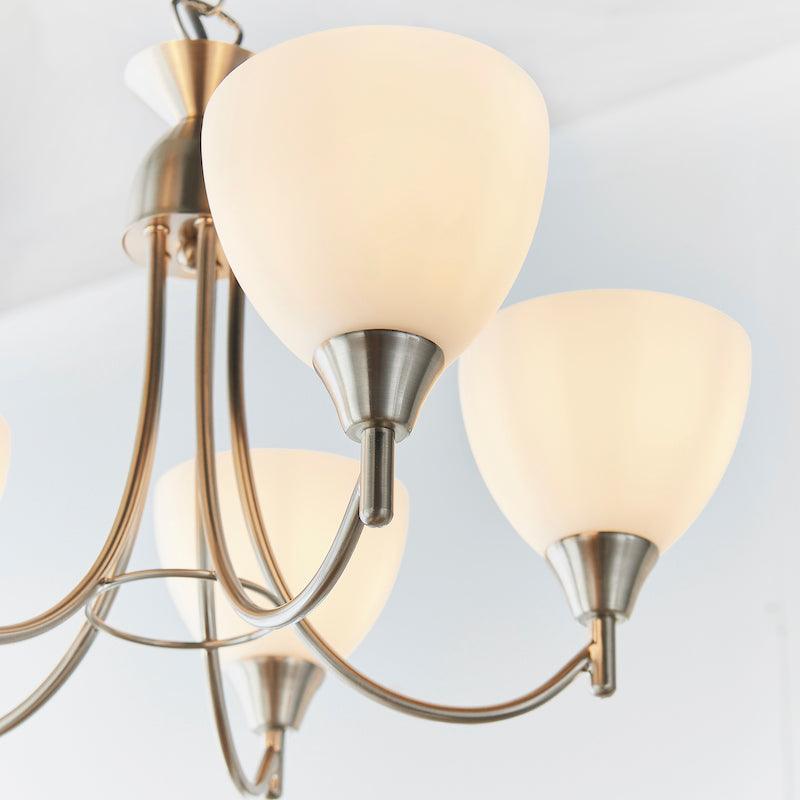 Art Deco Flush & Semi Flush - Alton 5 Arm Satin Nickel Finish Semi Flush Ceiling Light 1805-5SC under view lamps