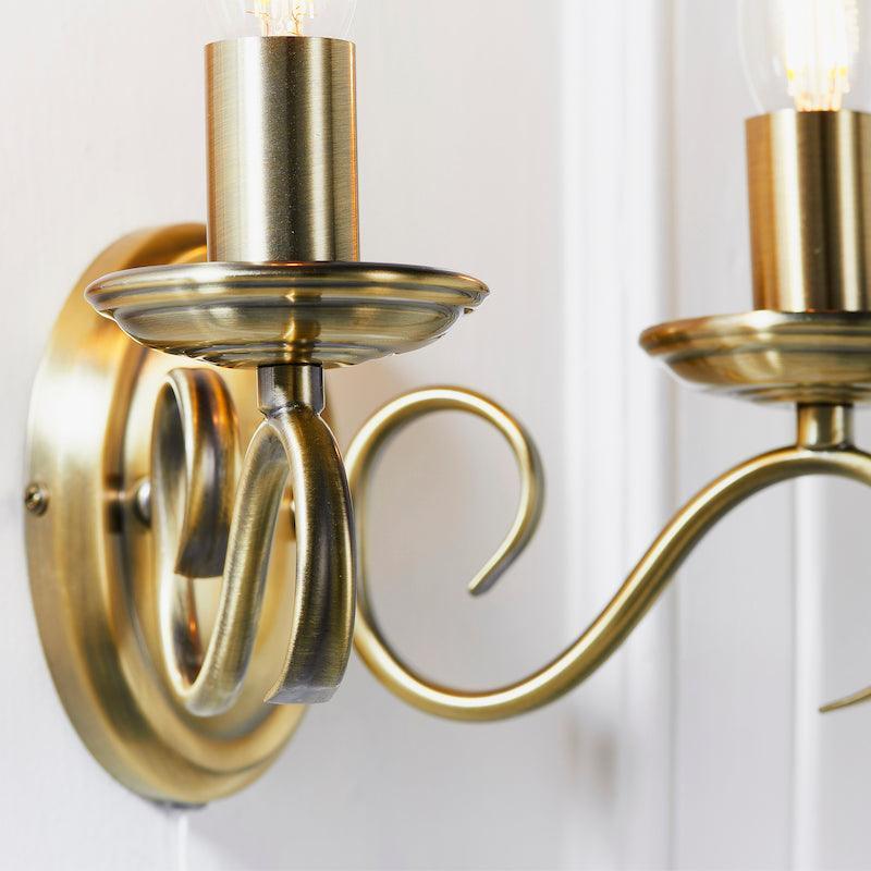 Traditional Wall Lights - Bernice Antique Brass Finish Twin Arm Wall Light 2030-2AN close side