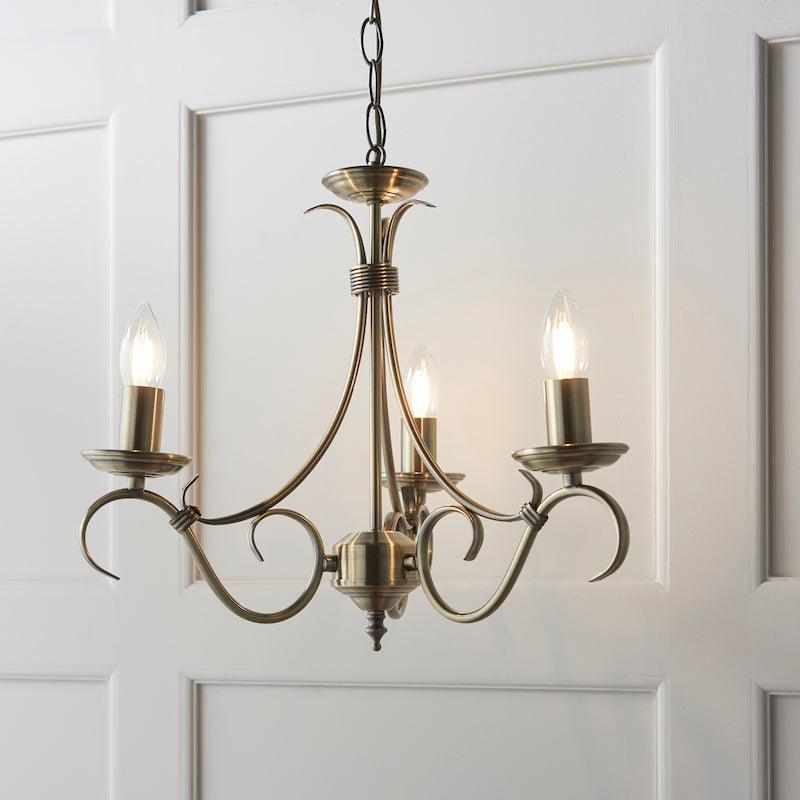 Traditional Ceiling Pendant Lights - Bernice Antique Brass Finish 3 Light Chandelier 2030-3AN 2030-3AN close up