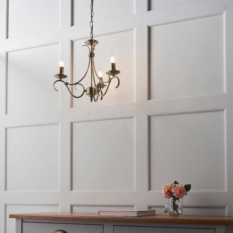 Traditional Ceiling Pendant Lights - Bernice Antique Brass Finish 3 Light Chandelier 2030-3AN 2030-3AN far diagonal view