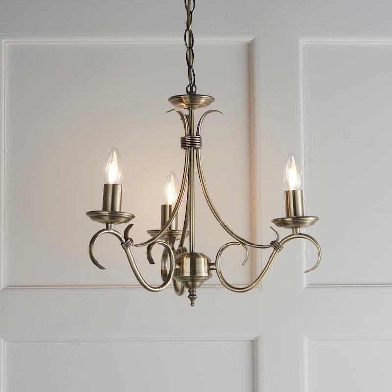 Traditional Ceiling Pendant Lights - Bernice Antique Brass Finish 3 Light Chandelier 2030-3AN 2030-3AN close up 2