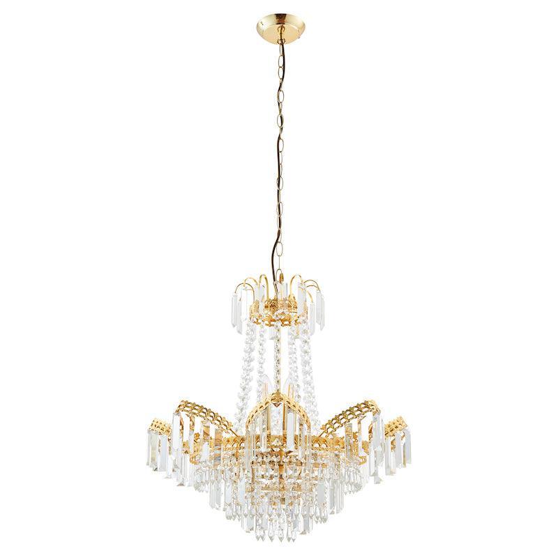 Adagio Clear Faceted Glass & Gold 9 Light Ceiling Pendant-Ceiling Pendant Lights-Endon Lighting living room close. up unlit Tiffany Lighting Direct