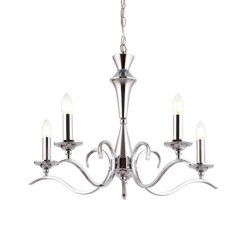 Kora Chrome Finish 5 Light Chandelier KORA-5CH close up turned on
