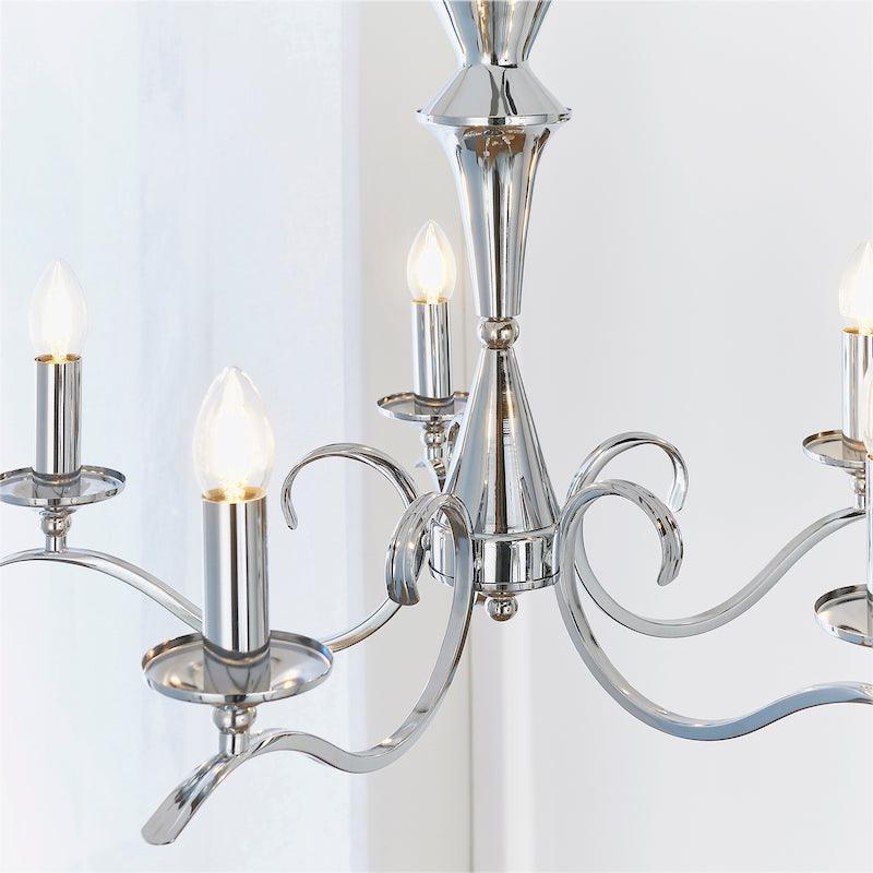 Kora Chrome Finish 5 Light Chandelier KORA-5CH lit close up
