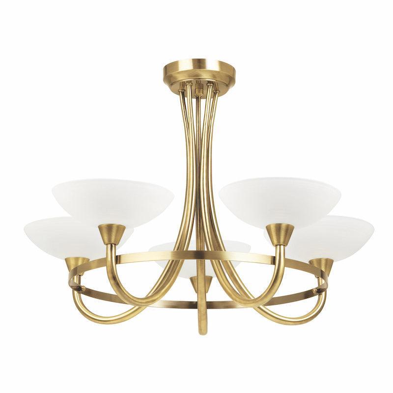 Traditional Flush And Semi Flush Ceiling Lights - Cagney 5LT Antique Brass & White Painted Glass With Lines Semi Flush Ceiling Light CAGNEY-5AB on