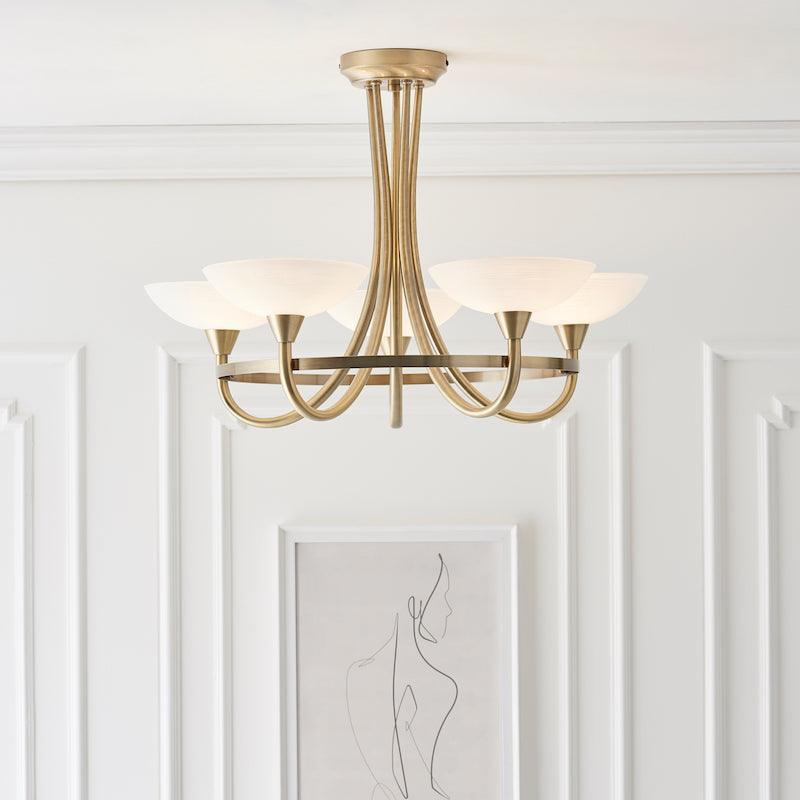 Traditional Flush And Semi Flush Ceiling Lights - Cagney 5LT Antique Brass & White Painted Glass With Lines Semi Flush Ceiling Light CAGNEY-5AB closer