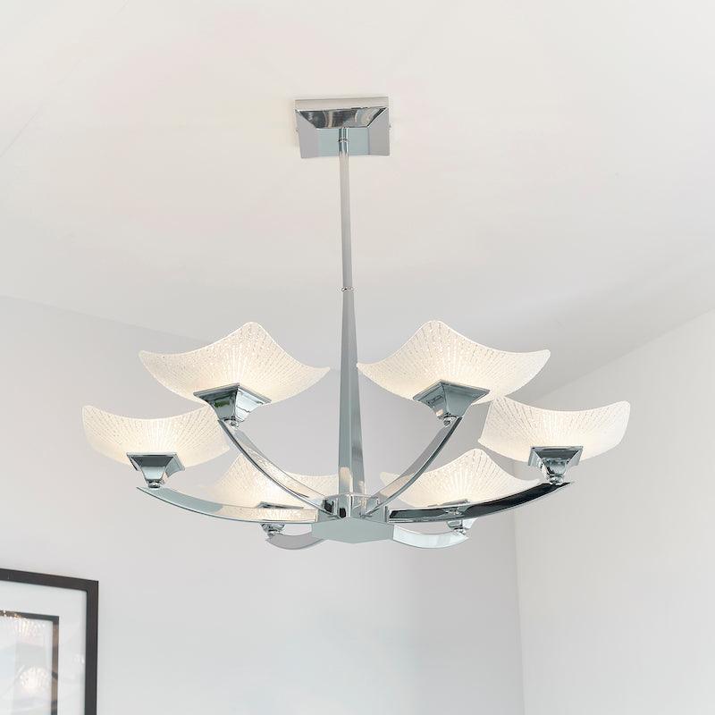 Art Deco Ceiling Light - Ayres 6 Arm Chrome Finish Semi Flush Ceiling Light AYRES-6CH close up