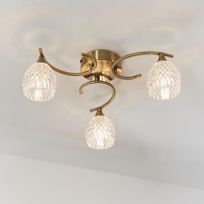 Traditional Flush & Semi Flush Ceiling Lights - Boyer 3 Arm Antique Brass Plate Flush Ceiling Light BOYER-3AB close