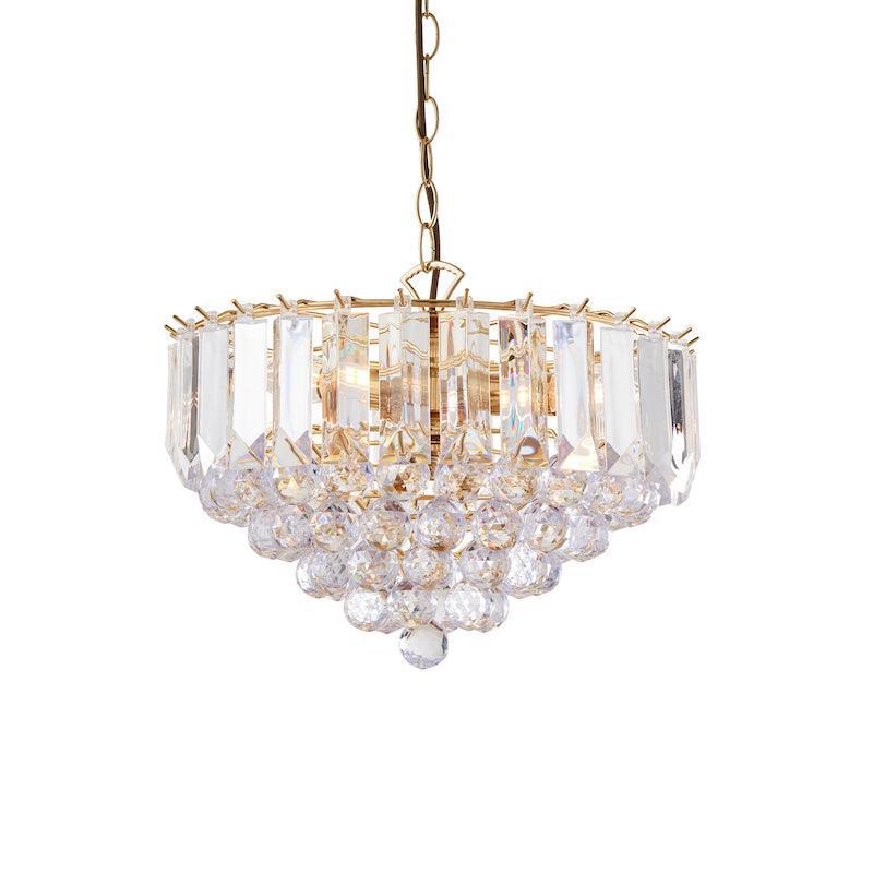Traditional Ceiling Pendant Lights - Fargo Brass & Clear Acrylic 3LT Pendant Ceiling Light FARGO-14BP close up