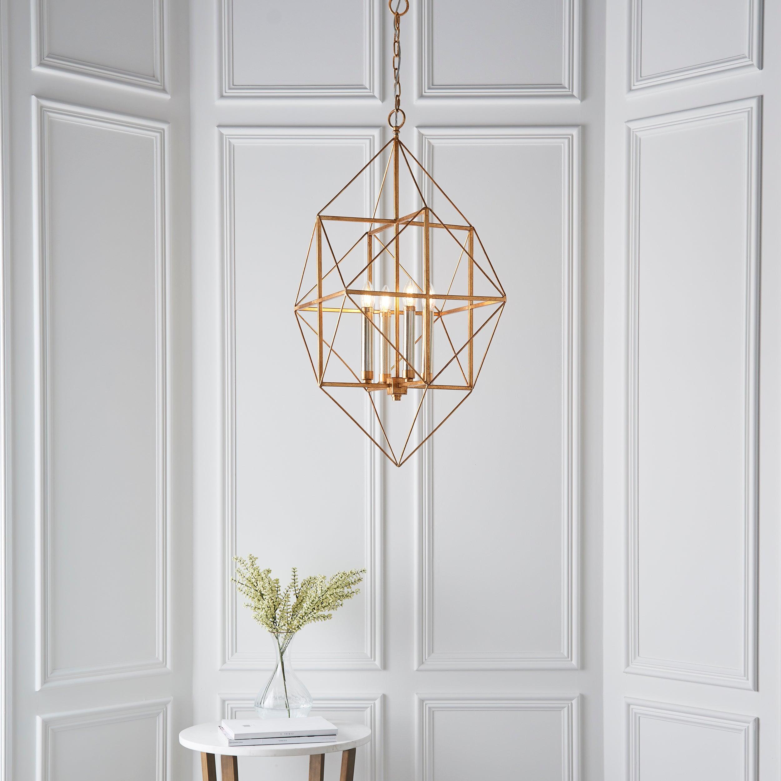 Geometric 4 Light Gold & Silver Leaf Ceiling Pendant-Ceiling Pendant Lights-Living Lights-2-Tiffany Lighting Direct