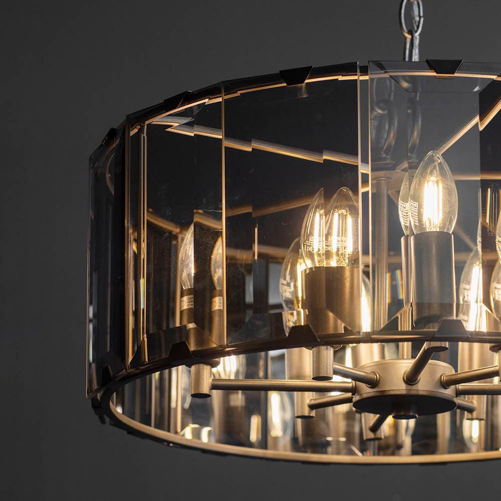 Endon Clooney 8 Light Smoke Glass Panel Ceiling Pendant-Ceiling Pendant Lights-Endon Lighting living room close. up unlit Tiffany Lighting Direct
