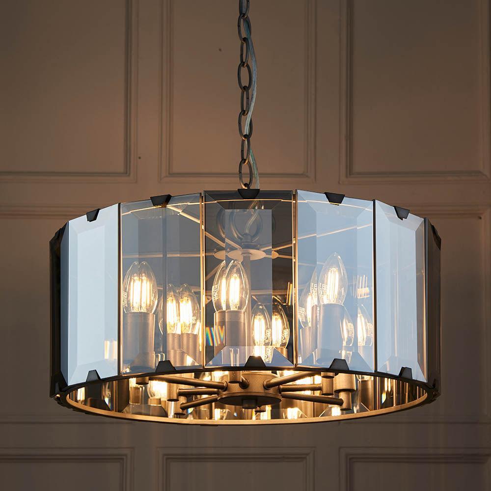 Endon Clooney 8 Light Smoke Glass Panel Ceiling Pendant-Ceiling Pendant Lights-Endon Lighting Hallway Lighting Close upTiffany Lighting Direct