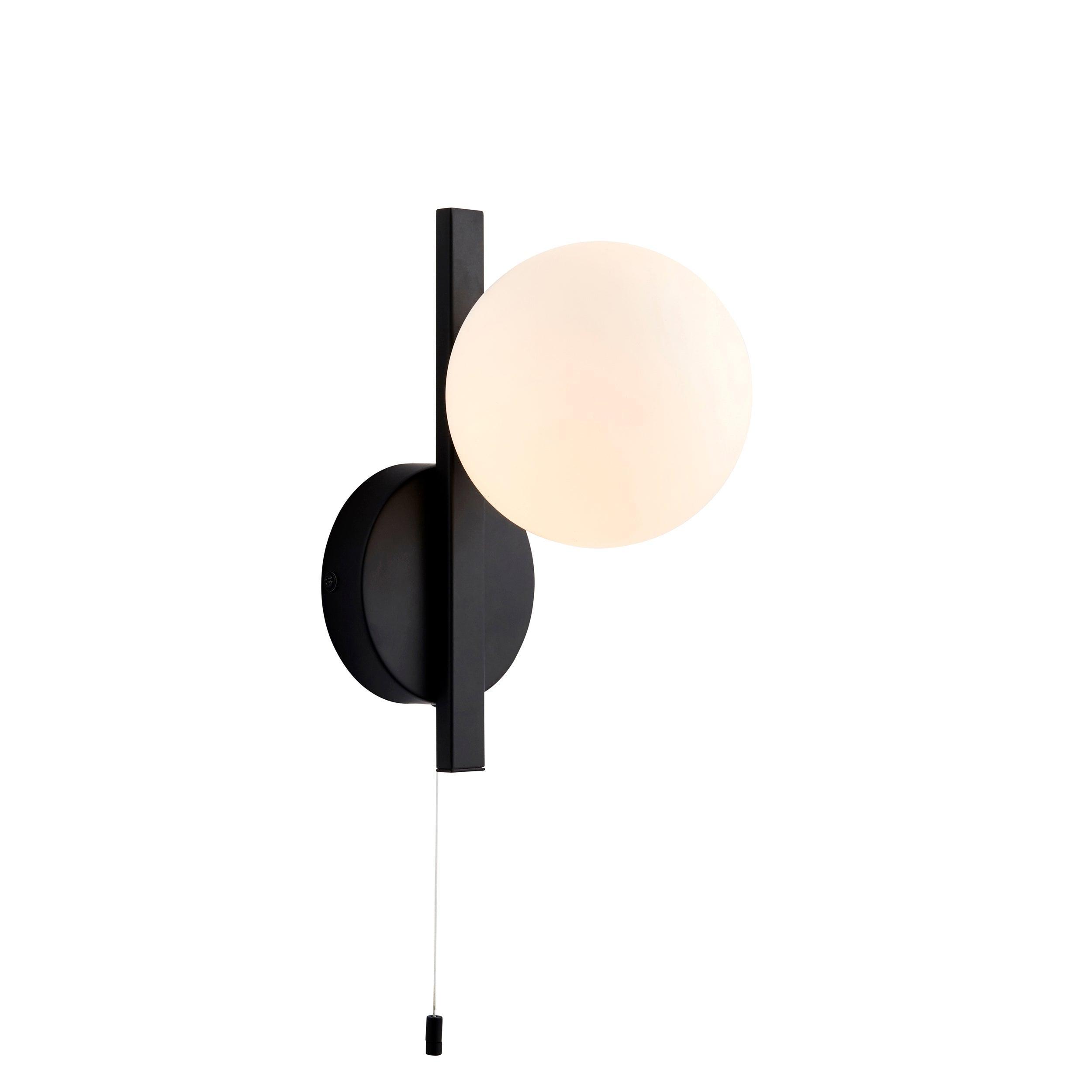 Pendle Black & Opal Glass Bathroom Wall Light - Pull Cord