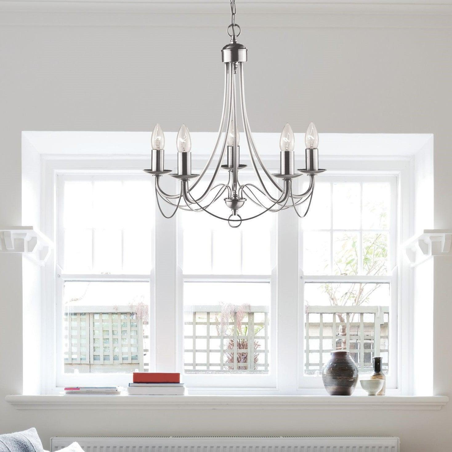 Searchlight Maypole 5 Light Satin Silver Ceiling Pendant-Ceiling Pendant Lights-5-Tiffany Lighting Direct