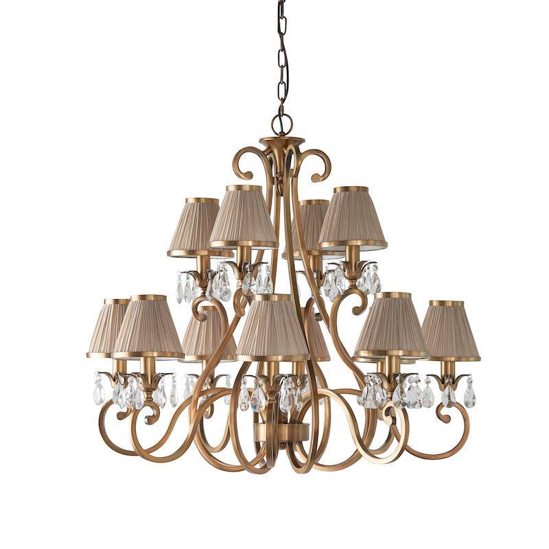 Oksana Antique Brass 12 Light Chandelier With Beige Shades-Interiors 1900-15-Tiffany Lighting Direct
