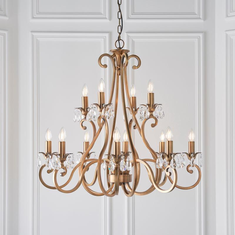 Oksana Antique Brass Finish 12 Light Chandelier UL1P12B living room shot