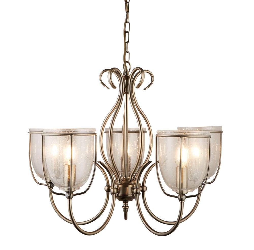 Silhouette 5 Light Brass Pendant - Seeded Glass Shades-Ceiling Pendant Lights-1-Tiffany Lighting Direct