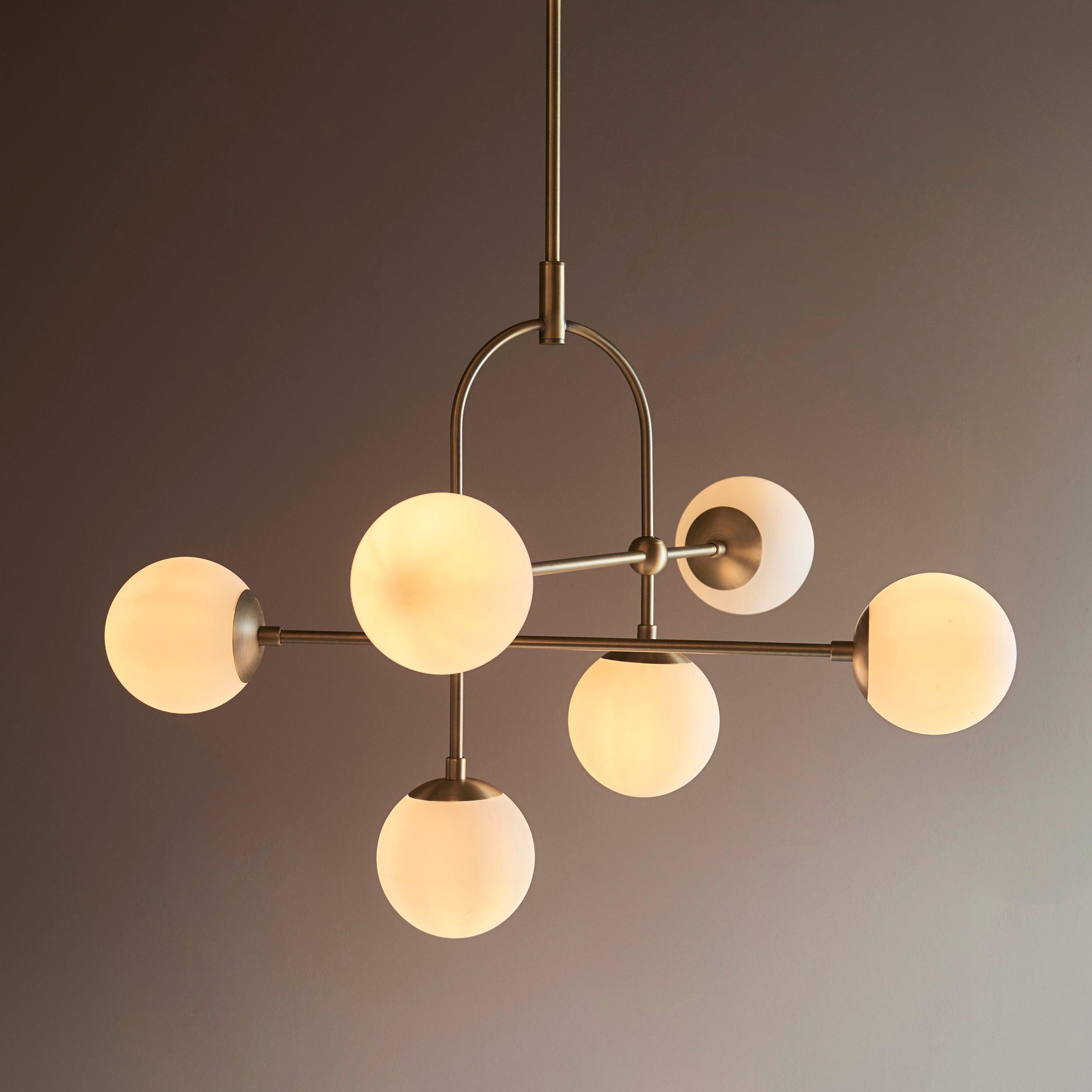 Eldorado 6 Light Brass Semi Flush With Opal Glass Shades Living room close up