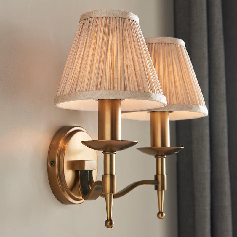 Stanford Antique Brass Double Wall Light - Beige Shades Living Room Close Up
