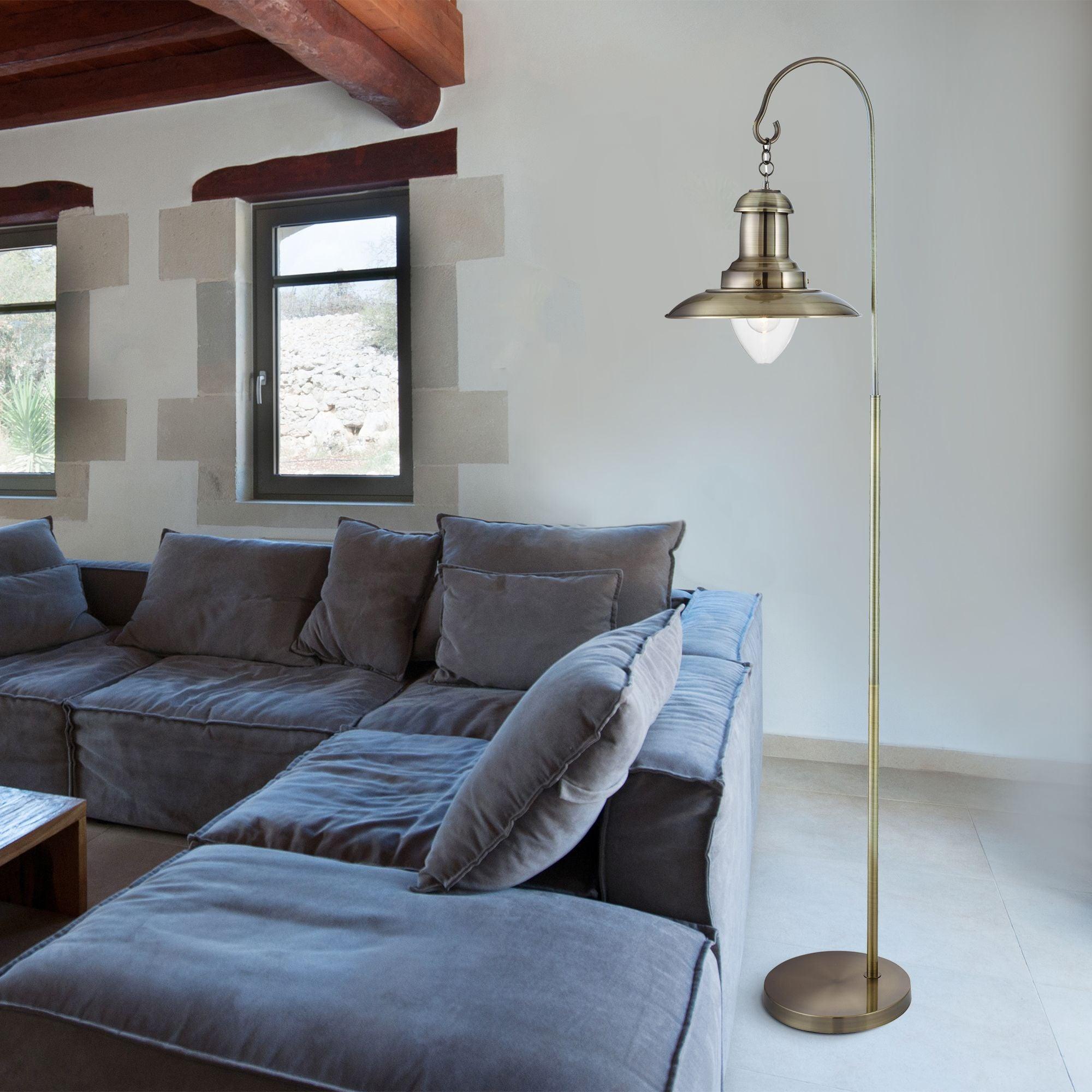 fisherman antique brass floor lamp glass shade by searchlighting lighting, living room image