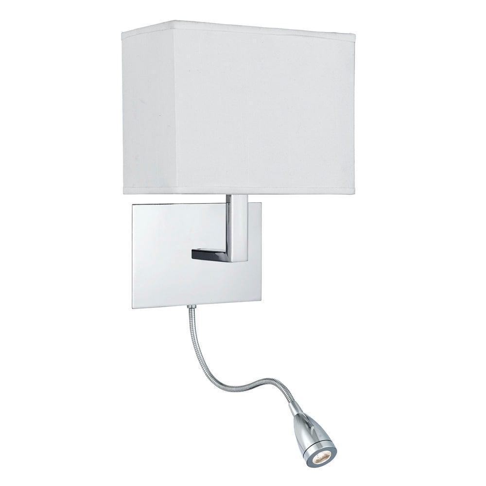 hotel 2 light chrome wall light led flexi arm white shade