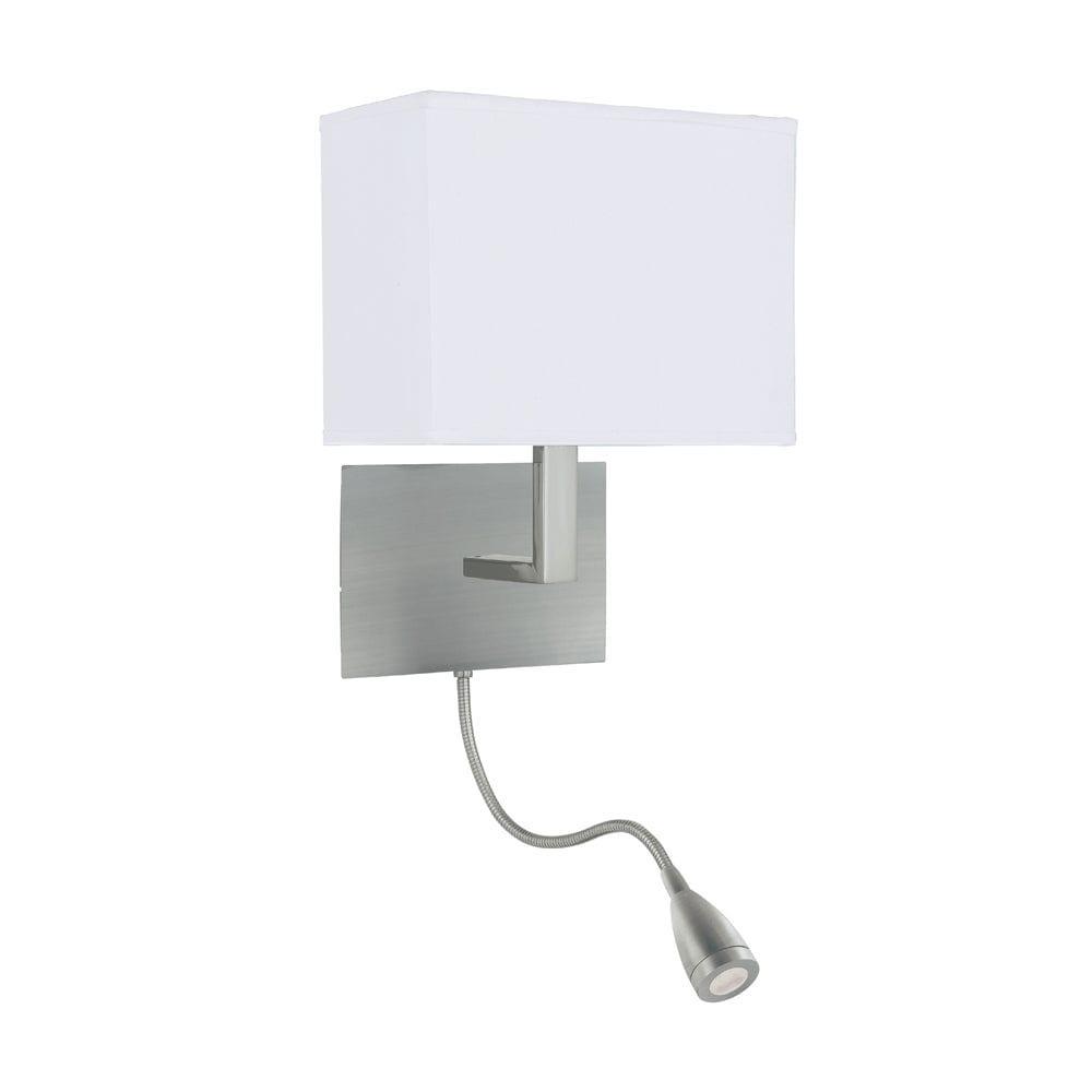 hotel 2 light silver wall light led flexi arm white shade
