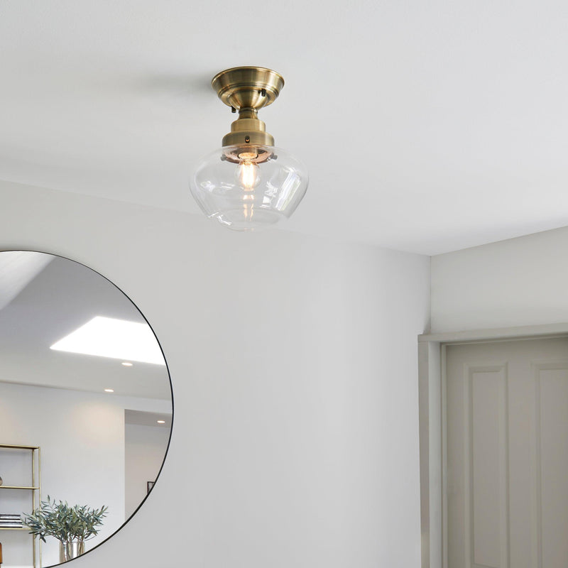 Westbourne Brass Semi-Flush Ceiling Light with Clear Glass Living room close up
