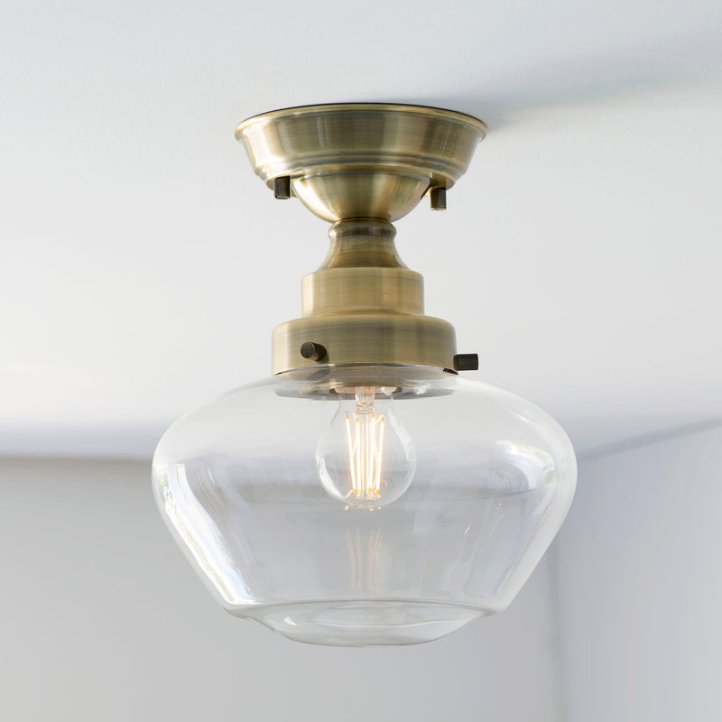 Westbourne Brass Semi-Flush Ceiling Light with Clear Glass Hallway close up