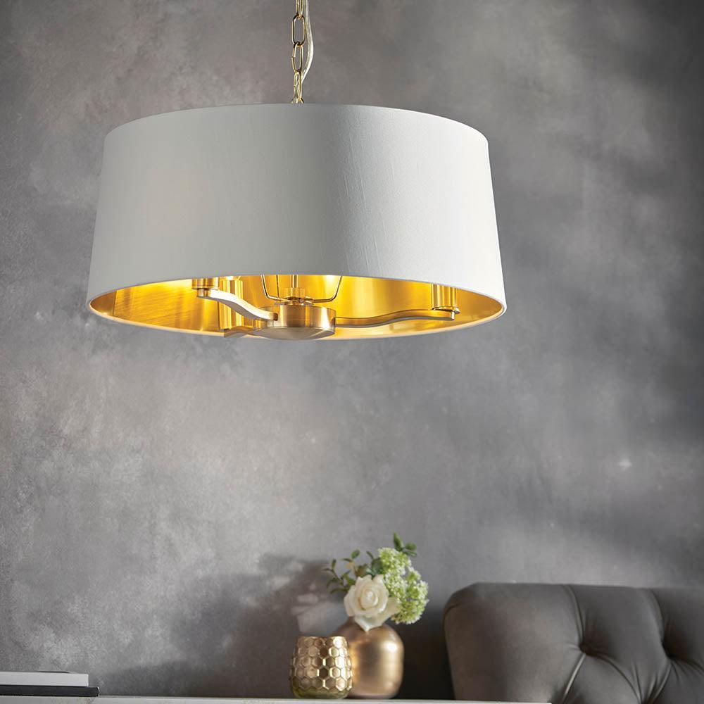 Endon Harvey 3 Light Satin Gold Pendant Ceiling Light-Ceiling Pendant Lights-Endon Lighting living room close. up unlit Tiffany Lighting Direct