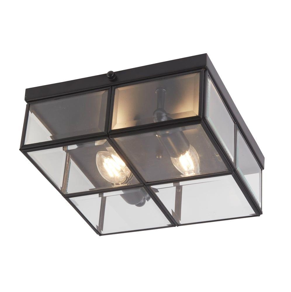 Pisa 2 Light Black Box Ceiling Flush - Bevelled Glass Panels Living Room Image 1