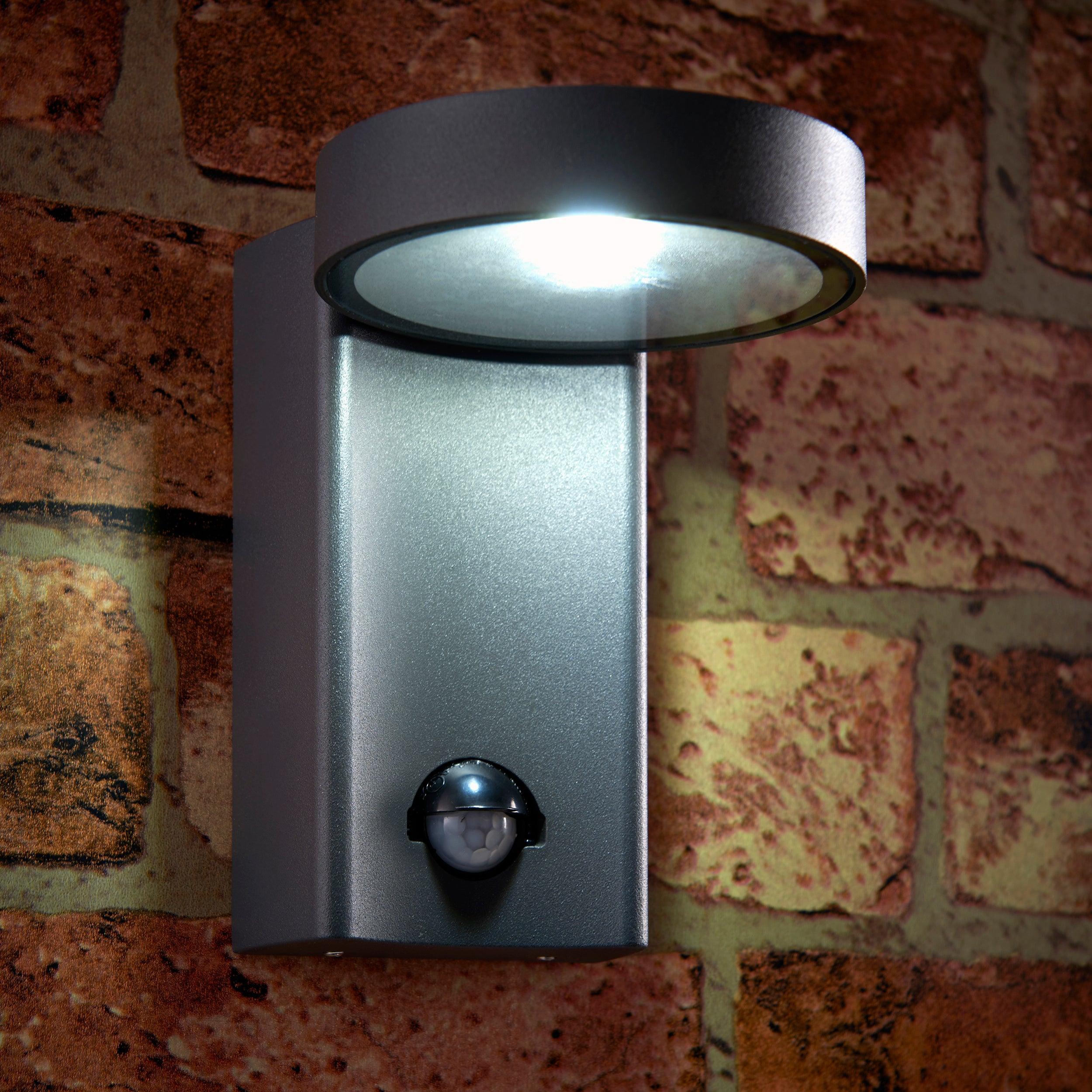 oreti pir sensor led grey outdoor wall light ip44 11 6w by saxby lighting, close up image 161