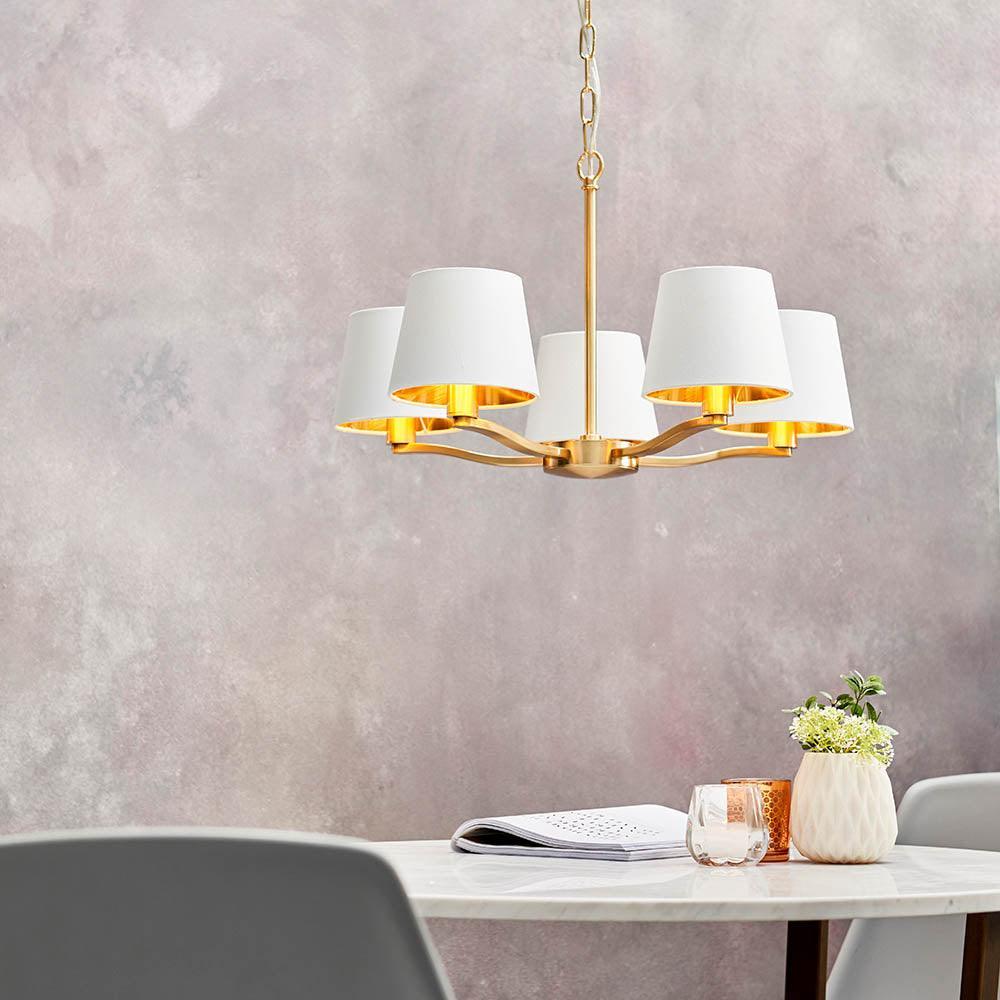 Endon Harvey 5 Light Satin Gold Pendant Ceiling Light-Ceiling Pendant Lights-Endon Lighting Living Room Close Up Lighting Tiffany Lighting Direct