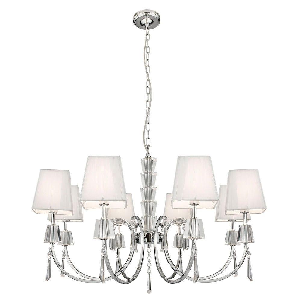Portico Chrome & Crystal 8 Light Pendant - White Shades-Ceiling Pendant Lights-1-Tiffany Lighting Direct
