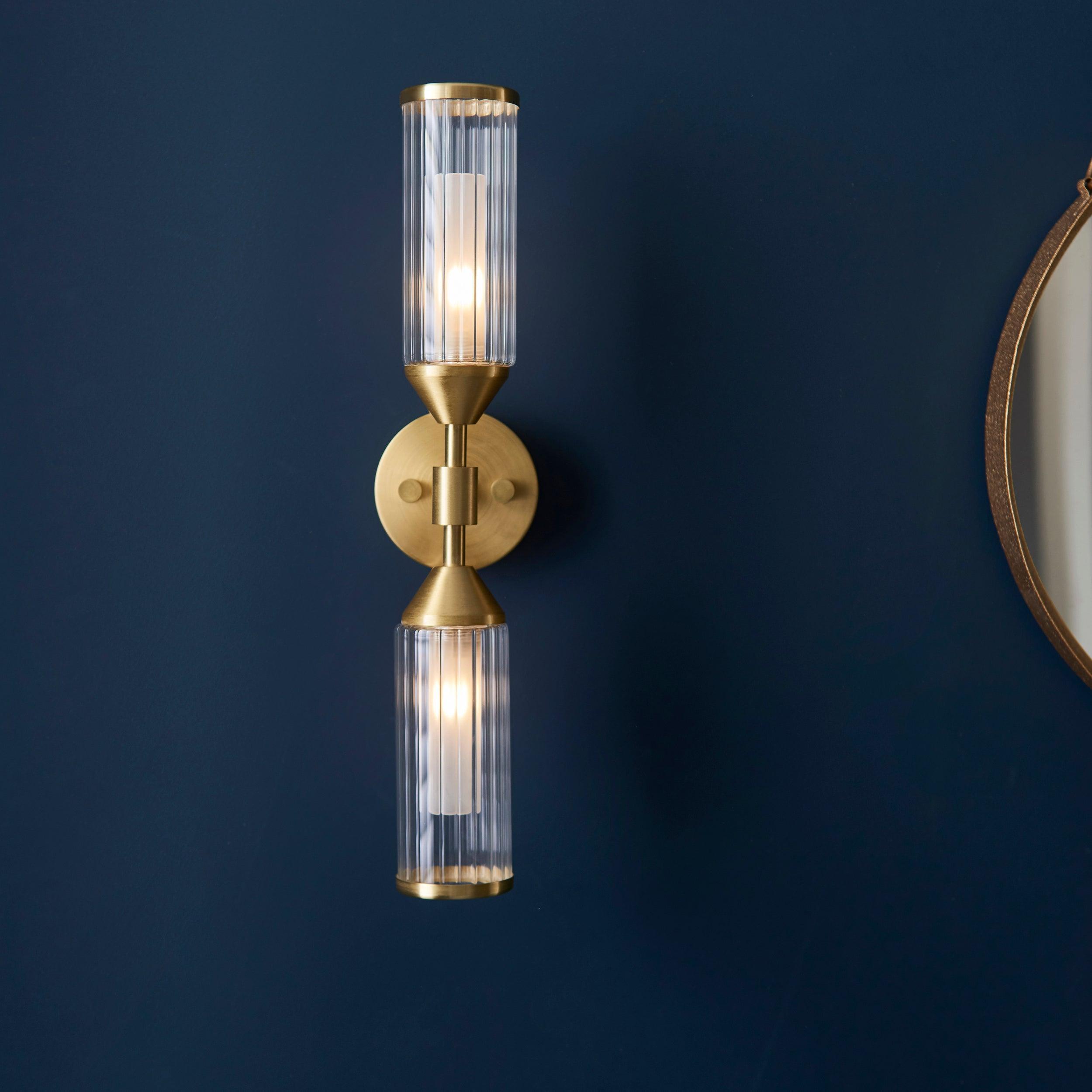 Belsize Brass Double Wall Light - Ribbed Glass Shades Close Up Image