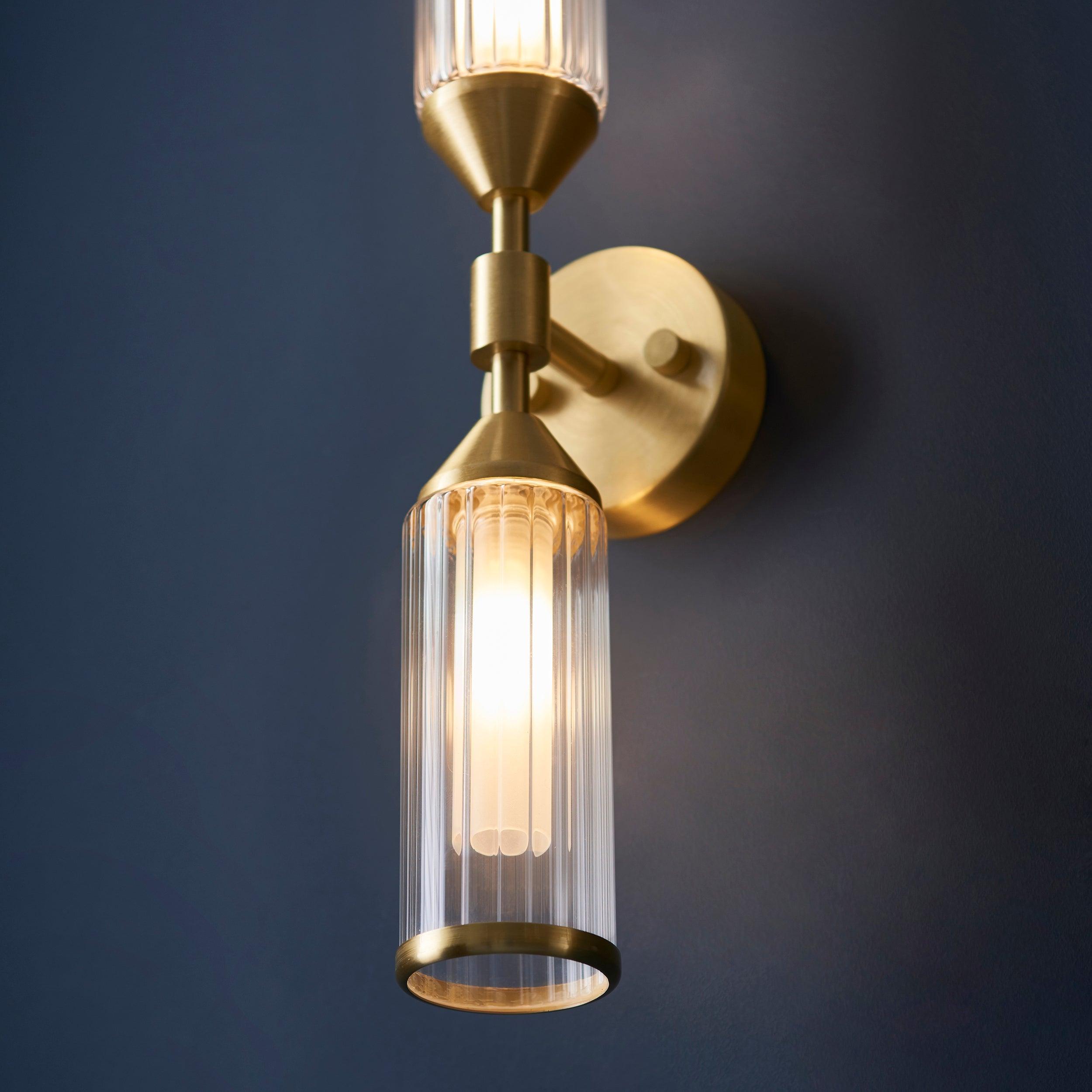 Belsize Brass Double Wall Light - Ribbed Glass Shades Living Room Close Up