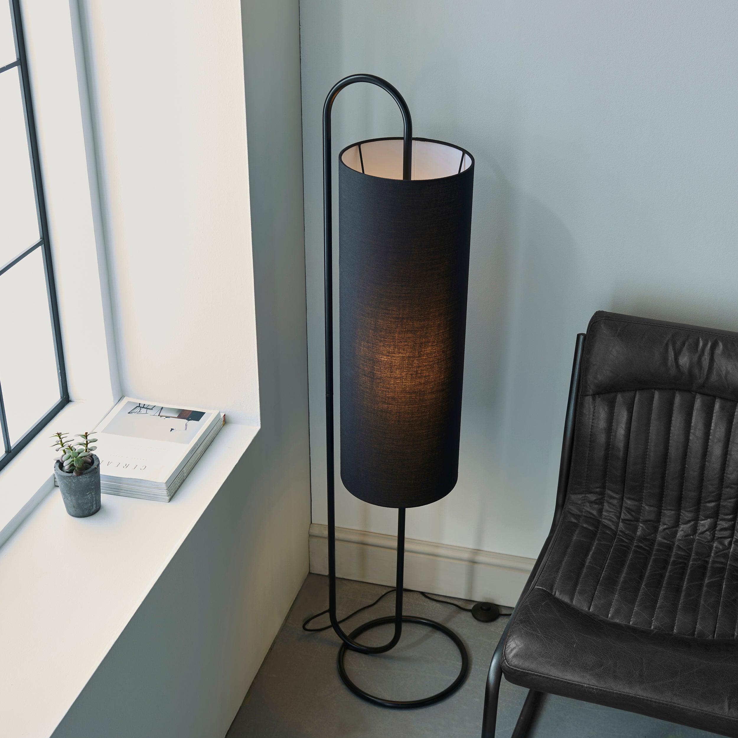 kilburn black modern floor lamp with black shade mDining room lighting