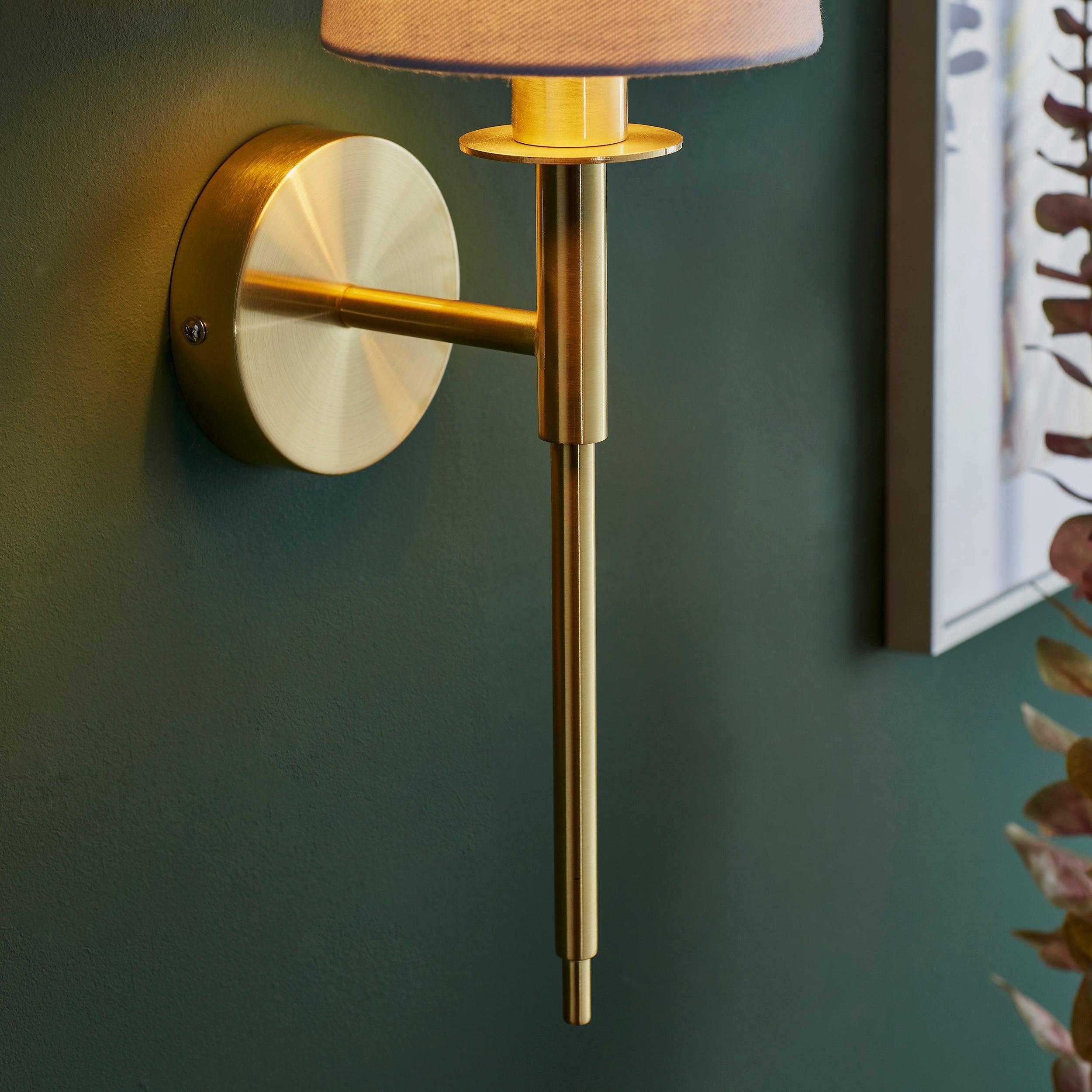 Kensington Brass Art Deco Wall Light - White Shade Living Room Close Up