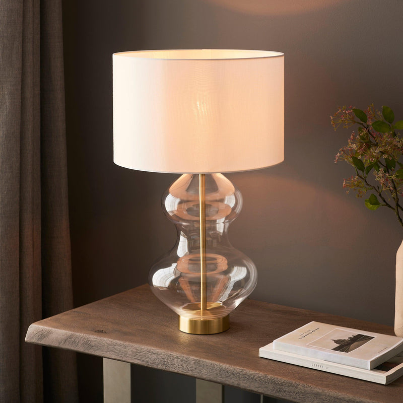 Linear Large Nickel & Clear Glass Touch Table Lamp - White Shade-Living Lights-Living-Room-Tiffany Lighting Direct-[image-position]