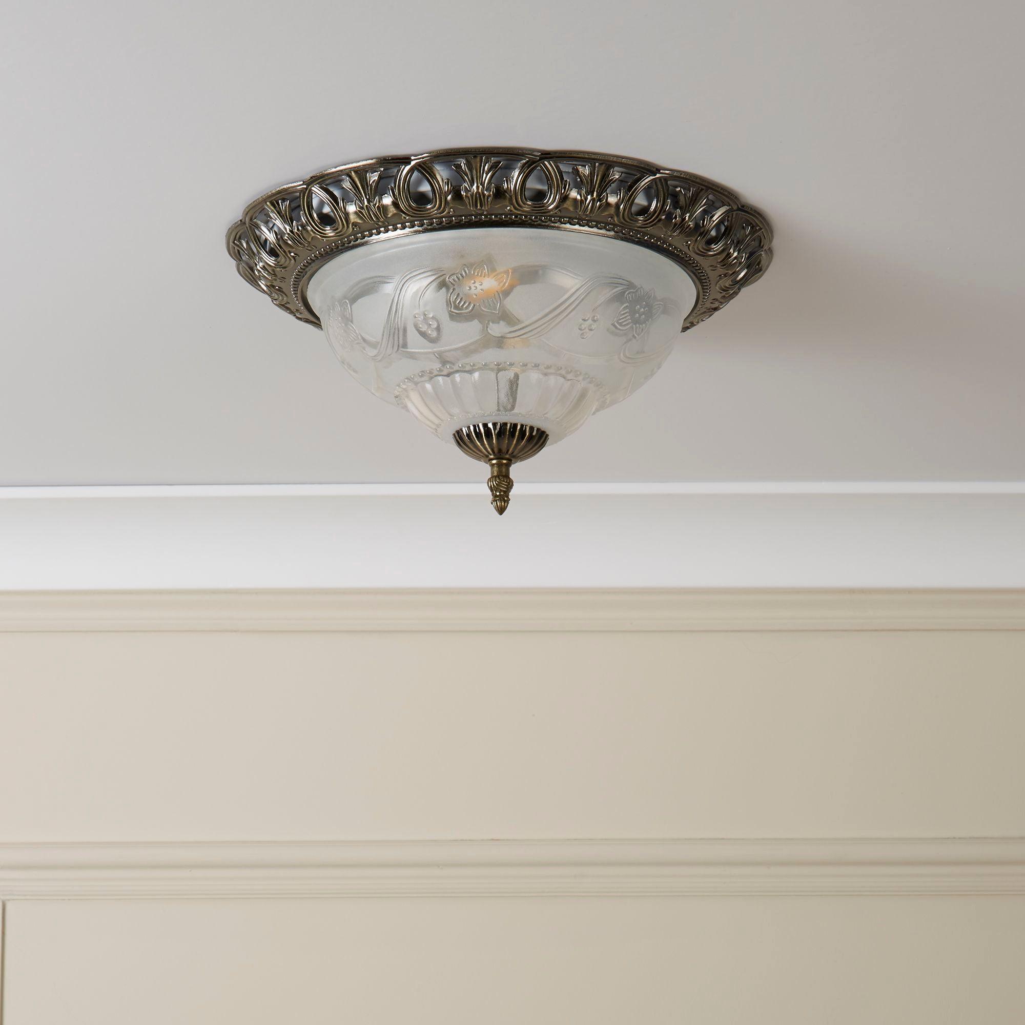 antique brass finish and clear frosted glass flush ceiling light by searchlighting lighting, living room image