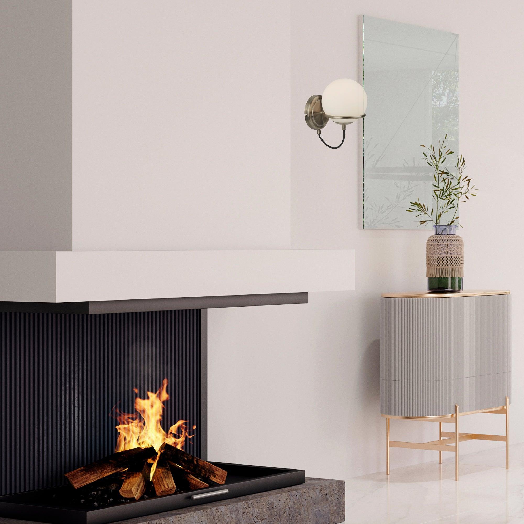 Sphere 1 Lt Brass Wall Light - White Glass Shade 4, close up