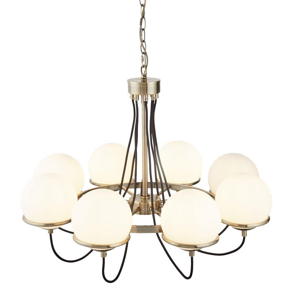 Sphere 8 Light Brass Pendant - White Glass Shades-Ceiling Pendant Lights-1-Tiffany Lighting Direct