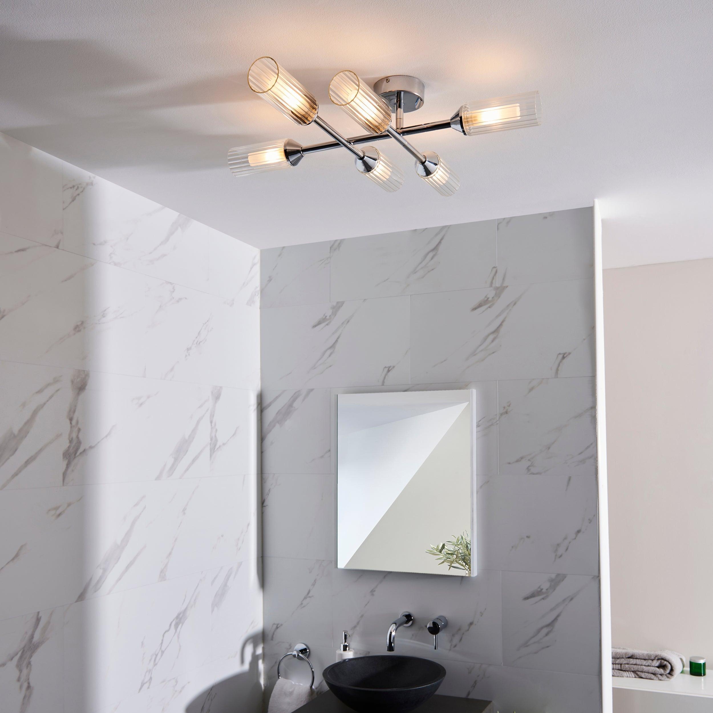oundle 6 light chrome bathroom semi flush ceiling light Close Up Lit Image