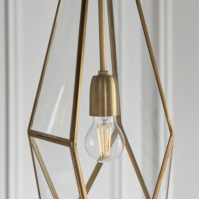 Endon Avery 1 Light Antique Brass & Glass Pendant-Ceiling Pendant Lights-Endon Lighting living room close. up unlit Tiffany Lighting Direct